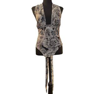 Vintage Black & White Floral Halter Wrap Swimsuit With Open Back & Long Ties